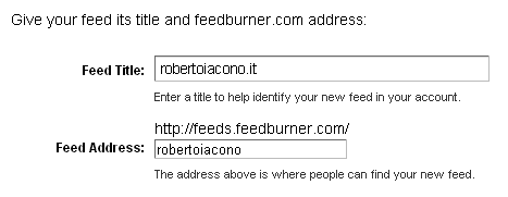 installazione feedburner - inserisci title e nome